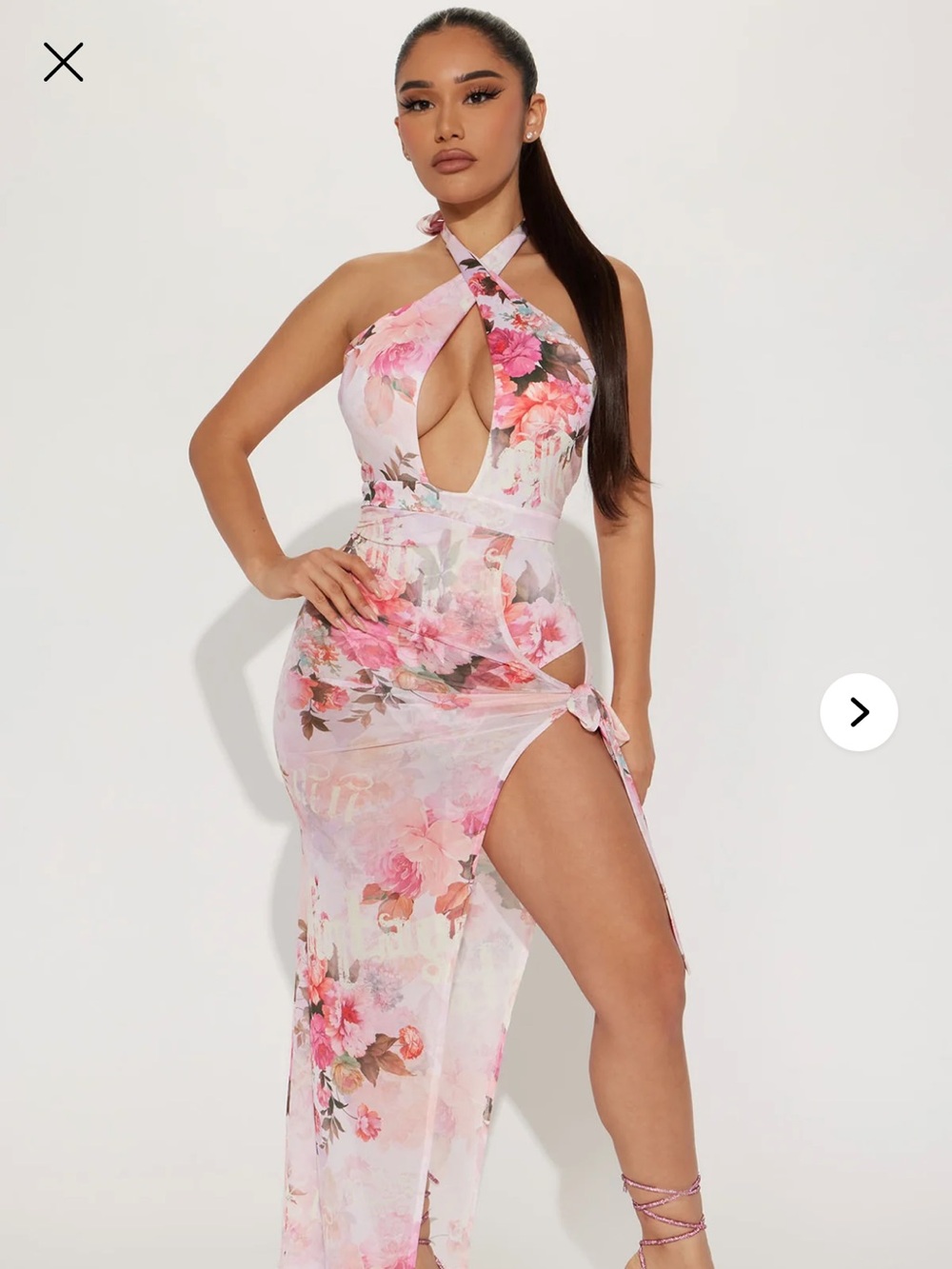 Fashion Nova Pink & White Floral Halo-Neck Cutout Maxi Dress with Side Tie